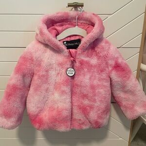 18 month toddler girl Rothschild coat in trendy pink faux fur. Soft and fluffy!